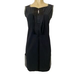 Schumacher Shift Mini Dress Sleeveless Black Lamb Leather Trim Square Ne…